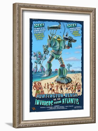 Huntington Beach, California vs. The Atlantean Invaders-Lantern Press-Framed Art Print