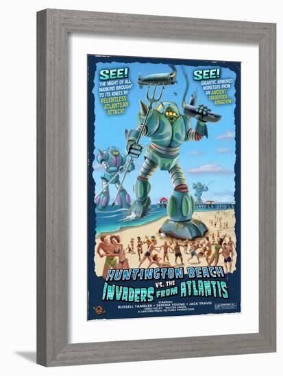 Huntington Beach, California vs. The Atlantean Invaders-Lantern Press-Framed Art Print