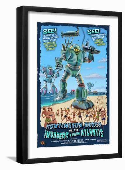 Huntington Beach, California vs. The Atlantean Invaders-Lantern Press-Framed Art Print