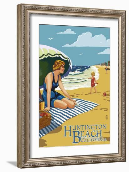 Huntington Beach, California - Woman on Beach-Lantern Press-Framed Art Print