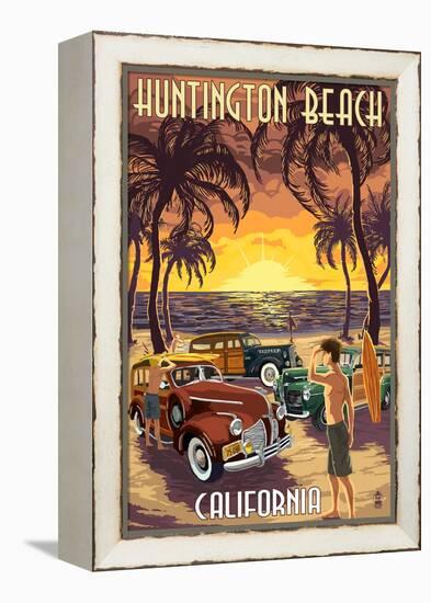 Huntington Beach, California - Woodies and Sunset-Lantern Press-Framed Stretched Canvas