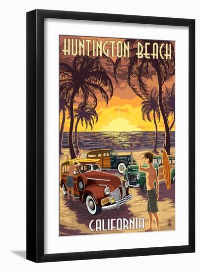Huntington Beach, California - Woodies and Sunset-Lantern Press-Framed Art Print