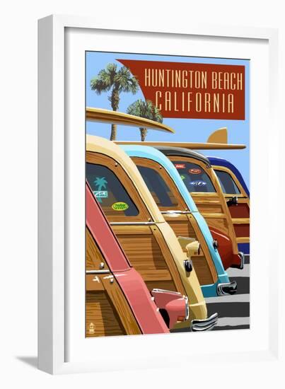 Huntington Beach, California - Woodies Lined Up-Lantern Press-Framed Art Print