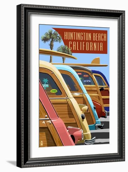 Huntington Beach, California - Woodies Lined Up-Lantern Press-Framed Art Print