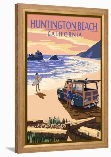 Huntington Beach, California - Woody on Beach-Lantern Press-Framed Stretched Canvas