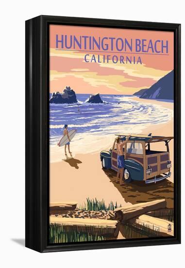Huntington Beach, California - Woody on Beach-Lantern Press-Framed Stretched Canvas