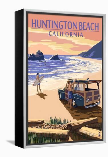 Huntington Beach, California - Woody on Beach-Lantern Press-Framed Stretched Canvas