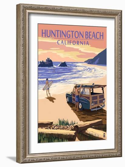 Huntington Beach, California - Woody on Beach-Lantern Press-Framed Art Print