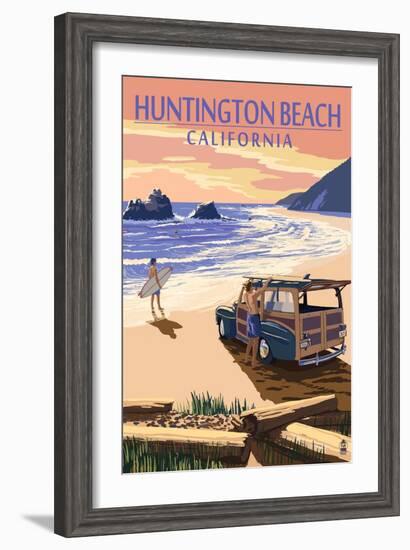 Huntington Beach, California - Woody on Beach-Lantern Press-Framed Art Print