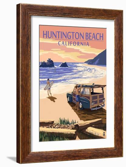 Huntington Beach, California - Woody on Beach-Lantern Press-Framed Art Print