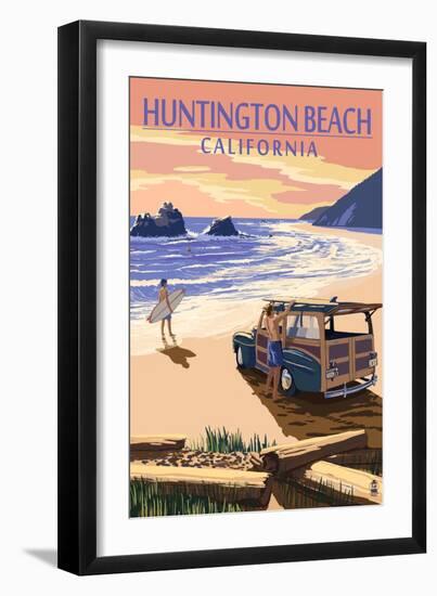 Huntington Beach, California - Woody on Beach-Lantern Press-Framed Art Print