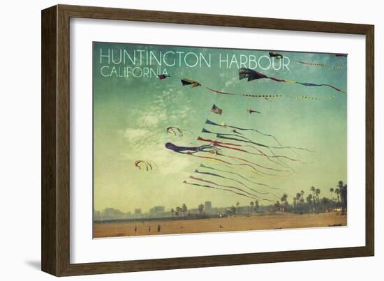 Huntington Harbour, California - Kites and Beach-Lantern Press-Framed Art Print