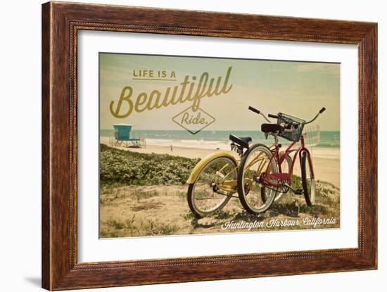 Huntington Harbour, California - Life is a Beautiful Ride - Beach Cruiser-Lantern Press-Framed Art Print