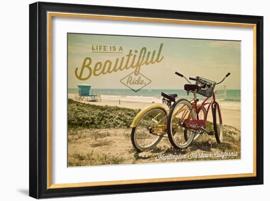 Huntington Harbour, California - Life is a Beautiful Ride - Beach Cruiser-Lantern Press-Framed Art Print