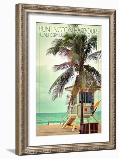 Huntington Harbour, California - Lifeguard Shack and Palm-Lantern Press-Framed Art Print