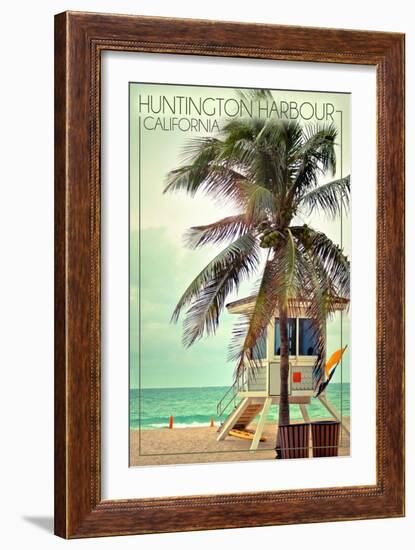 Huntington Harbour, California - Lifeguard Shack and Palm-Lantern Press-Framed Art Print