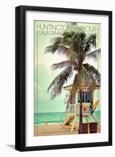 Huntington Harbour, California - Lifeguard Shack and Palm-Lantern Press-Framed Art Print