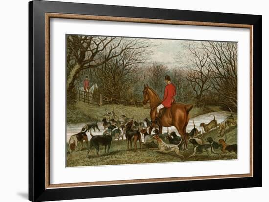 Huntsman with Foxhounds Tracking a Scent Across a Brook, England, 1800s-null-Framed Giclee Print