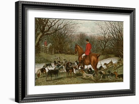 Huntsman with Foxhounds Tracking a Scent Across a Brook, England, 1800s-null-Framed Giclee Print