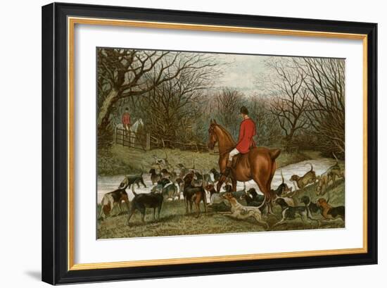 Huntsman with Foxhounds Tracking a Scent Across a Brook, England, 1800s-null-Framed Giclee Print