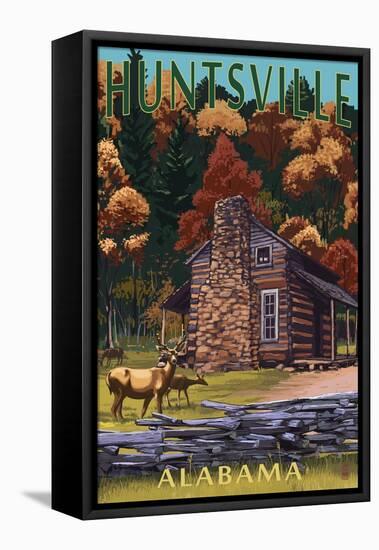 Huntsville, Alabama - Deer Family and Cabin Scene-Lantern Press-Framed Stretched Canvas