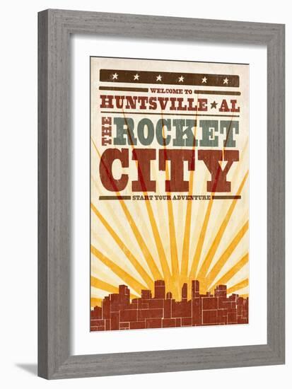 Huntsville, Alabama - Skyline and Sunburst Screenprint Style-Lantern Press-Framed Art Print