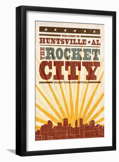 Huntsville, Alabama - Skyline and Sunburst Screenprint Style-Lantern Press-Framed Art Print