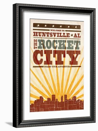 Huntsville, Alabama - Skyline and Sunburst Screenprint Style-Lantern Press-Framed Art Print