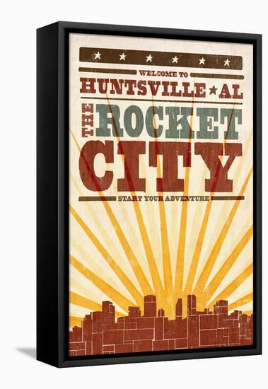 Huntsville, Alabama - Skyline and Sunburst Screenprint Style-Lantern Press-Framed Stretched Canvas