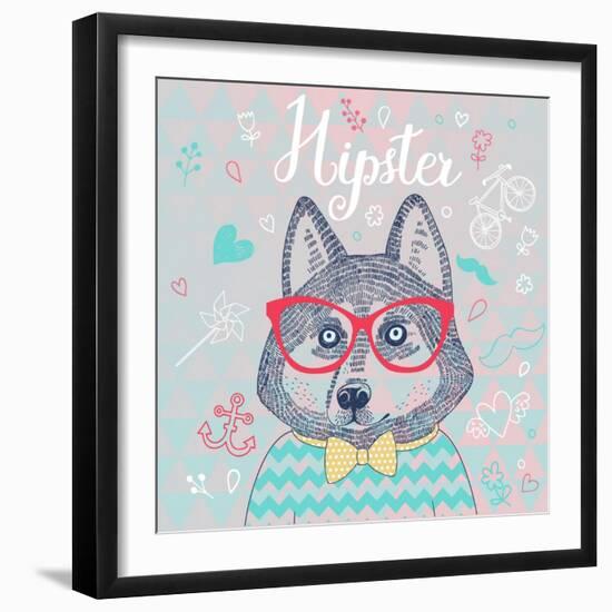 Husky Hipster Dog in Glasses. Concept Cartoon Illustration in Modern Colors. Cute Dog on Seamless P-smilewithjul-Framed Art Print