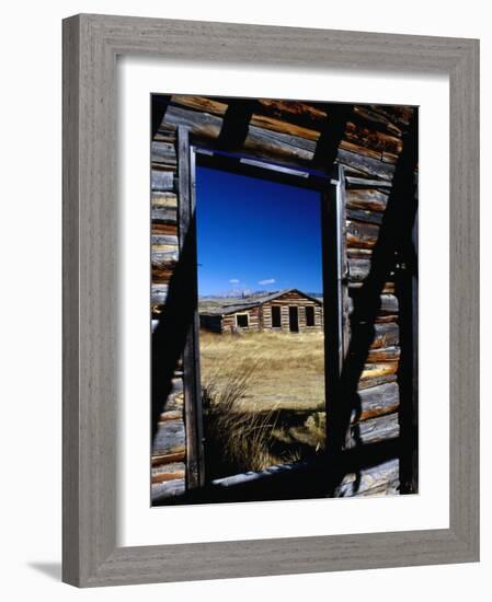 Hut Framed by Window of Burnt Log Cabin, Wind River Country, Lander, USA-Brent Winebrenner-Framed Photographic Print