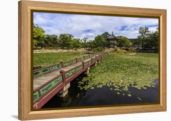 Hyangwonjeong Pavilion and Chwihyanggyo Bridge over Water Lily Filled Lake in Summer, South Korea-Eleanor Scriven-Framed Premier Image Canvas