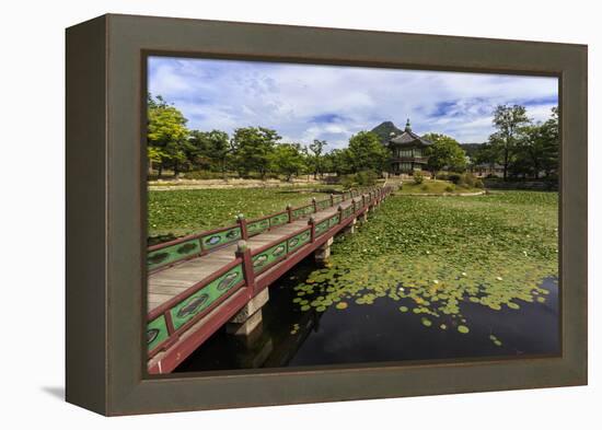 Hyangwonjeong Pavilion and Chwihyanggyo Bridge over Water Lily Filled Lake in Summer, South Korea-Eleanor Scriven-Framed Premier Image Canvas