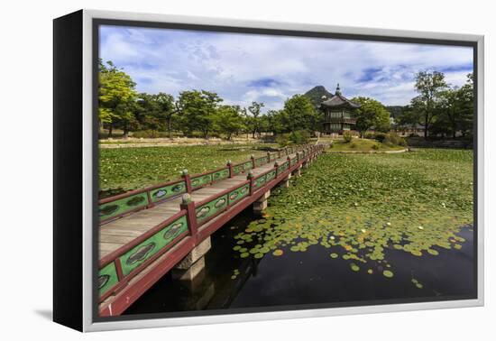 Hyangwonjeong Pavilion and Chwihyanggyo Bridge over Water Lily Filled Lake in Summer, South Korea-Eleanor Scriven-Framed Premier Image Canvas