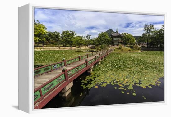 Hyangwonjeong Pavilion and Chwihyanggyo Bridge over Water Lily Filled Lake in Summer, South Korea-Eleanor Scriven-Framed Premier Image Canvas