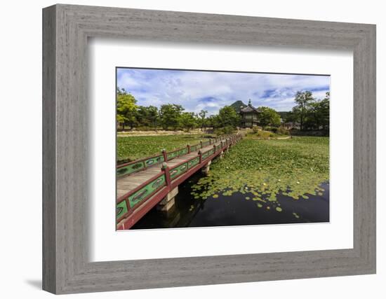 Hyangwonjeong Pavilion and Chwihyanggyo Bridge over Water Lily Filled Lake in Summer, South Korea-Eleanor Scriven-Framed Photographic Print