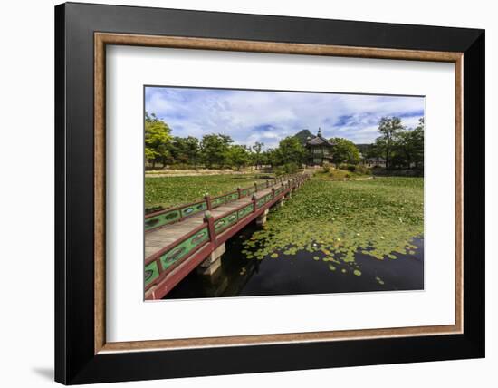 Hyangwonjeong Pavilion and Chwihyanggyo Bridge over Water Lily Filled Lake in Summer, South Korea-Eleanor Scriven-Framed Photographic Print