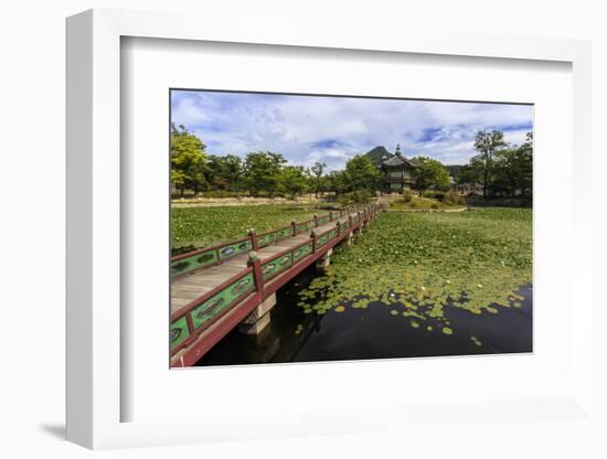 Hyangwonjeong Pavilion and Chwihyanggyo Bridge over Water Lily Filled Lake in Summer, South Korea-Eleanor Scriven-Framed Photographic Print