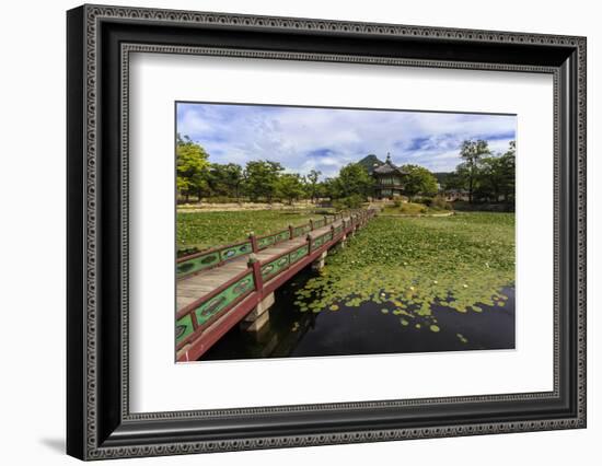 Hyangwonjeong Pavilion and Chwihyanggyo Bridge over Water Lily Filled Lake in Summer, South Korea-Eleanor Scriven-Framed Photographic Print
