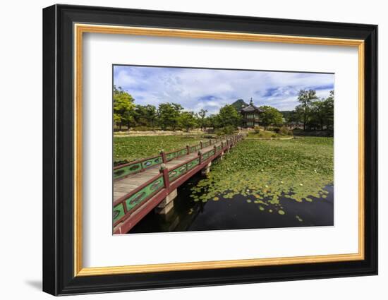 Hyangwonjeong Pavilion and Chwihyanggyo Bridge over Water Lily Filled Lake in Summer, South Korea-Eleanor Scriven-Framed Photographic Print