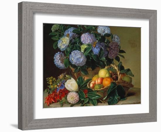 Hydrangea in a Jug and a Basket with Oranges, Lemons and Figs, 1834-Johan Laurentz Jensen-Framed Giclee Print