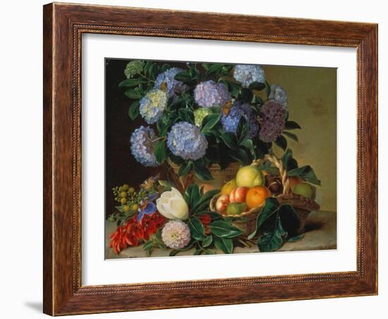 Hydrangea in a Jug and a Basket with Oranges, Lemons and Figs, 1834-Johan Laurentz Jensen-Framed Giclee Print