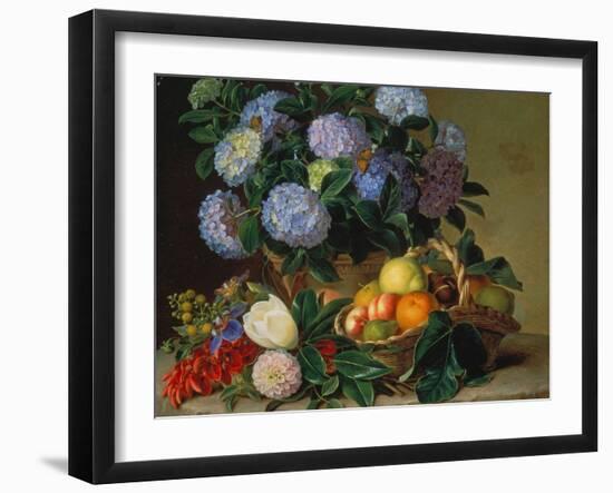 Hydrangea in a Jug and a Basket with Oranges, Lemons and Figs, 1834-Johan Laurentz Jensen-Framed Giclee Print