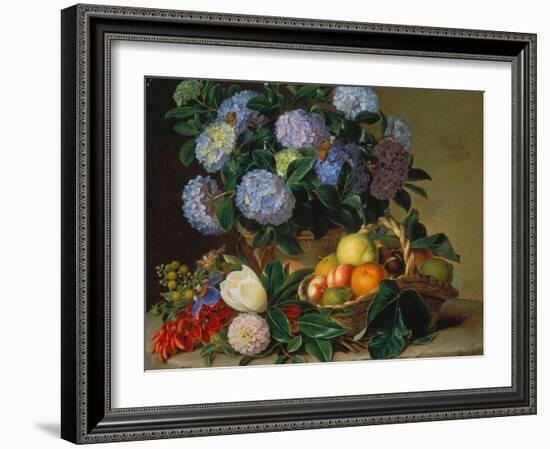 Hydrangea in a Jug and a Basket with Oranges, Lemons and Figs, 1834-Johan Laurentz Jensen-Framed Giclee Print