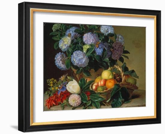 Hydrangea in a Jug and a Basket with Oranges, Lemons and Figs, 1834-Johan Laurentz Jensen-Framed Giclee Print