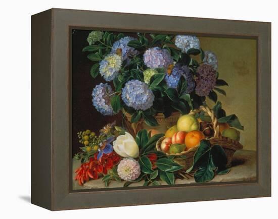 Hydrangea in a Jug and a Basket with Oranges, Lemons and Figs, 1834-Johan Laurentz Jensen-Framed Premier Image Canvas