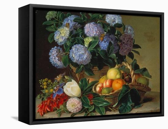 Hydrangea in a Jug and a Basket with Oranges, Lemons and Figs, 1834-Johan Laurentz Jensen-Framed Premier Image Canvas