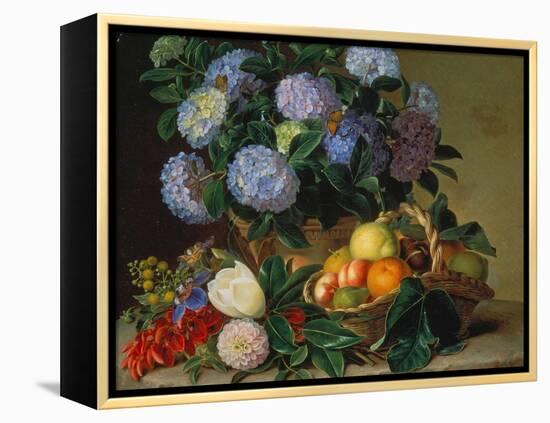 Hydrangea in a Jug and a Basket with Oranges, Lemons and Figs, 1834-Johan Laurentz Jensen-Framed Premier Image Canvas