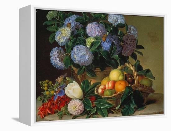 Hydrangea in a Jug and a Basket with Oranges, Lemons and Figs, 1834-Johan Laurentz Jensen-Framed Premier Image Canvas