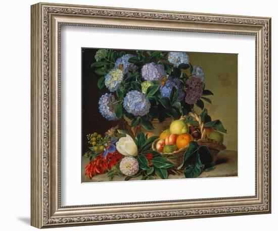 Hydrangea in a Jug and a Basket with Oranges, Lemons and Figs, 1834-Johan Laurentz Jensen-Framed Giclee Print